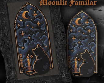 May include: A cross-stitch pattern titled Moonlit Familar featuring a black cat silhouette sitting beside a lit candle. The design is set within an arched window frame against a dark blue night sky with a crescent moon and stars.