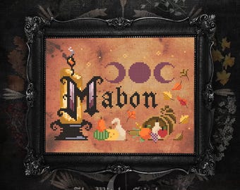 Mabon ~ Cross Stitch Pattern - Modern, Witchy, Gothic, Cornucopia, Pagan, Blessings, Harvest, Sabbat, Wheel Of The Year, Triple Moon