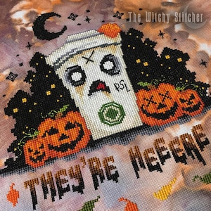 PSL They&#39;re Here ~ Cross Stitch Pattern - Modern, Funny, Cute, Gothic, Halloween, Pumpkin Spice, Zombie, Spooky, Horror, Coffee, Latte