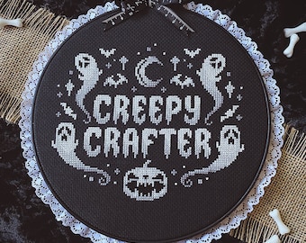 Creepy Crafter ~ Cross Stitch Pattern - Creep, Cute, Ghost, Pumpkin, Bats, Spooky, Gothic Decor, Halloween Decor, Darks Arts and Crafts