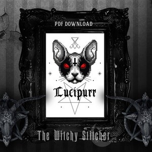 K&ouml;nnte beinhalten: Schwarzwei&szlig;es Kreuzstichmuster mit einer schwarzen Katze mit roten Augen, einem Pentagramm und dem Text "Lucifurr". Das Muster ist in einem schwarzen Rahmen mit dem Text "The Witchy Stitcher" unter dem Muster gerahmt.