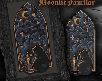 Moonlit Familiar - Cross Stitch Pattern - Cat, Witchy, Cathedral, Window, Gothic, Storm, Moon