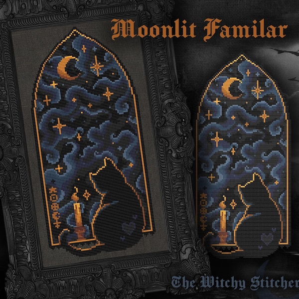 Familiar a la luz de la luna - Patrón de punto de cruz - Gato, Bruja, Catedral, Ventana, Gótico, Tormenta, Luna