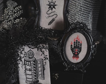 Relics of the Dark Ages ~ Cross Stitch Pattern - Morning Star Flail, Hand of Glory, Iron Maiden, Medieval, Macabre, Strange History