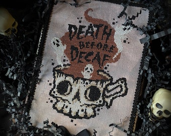 Death Before Decaf - Cross Stitch Pattern - Coffee, Java, Skull Mug, Ghost Spirits, Gothic, Halloween, Colour and Cotton, Hand Dyed
