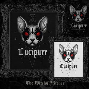 May include: A cross-stitch pattern featuring a stylized cat head with red eyes, black markings, and an inverted cross on the forehead. Above the cat is a sigil, and below is the text Lucipurr centered over a pentagram, framed in black.