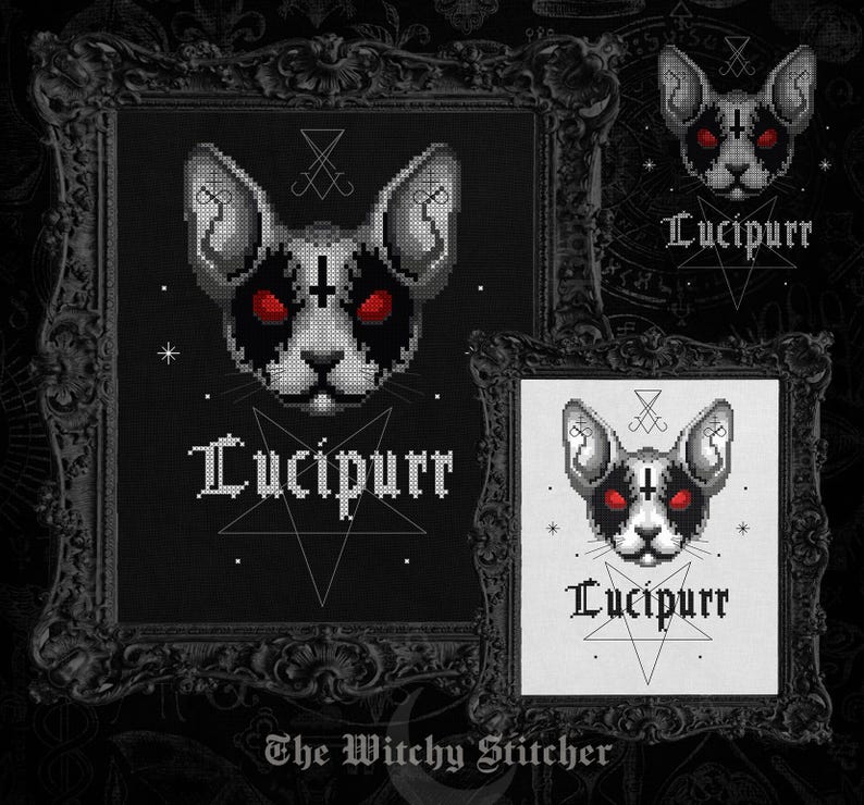 May include: A cross-stitch pattern featuring a stylized cat head with red eyes, black markings, and an inverted cross on the forehead. Above the cat is a sigil, and below is the text Lucipurr centered over a pentagram, framed in black.