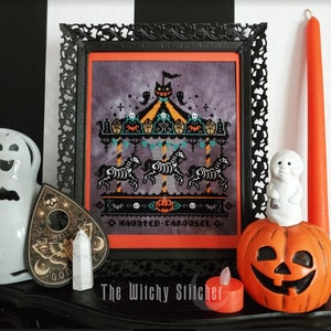 Vintage Haunted Carousel Cross Stitch Pattern Creepy, Beistle, Pumpkin, Bats, Ghosts, Primitive, Gothic, Retro, Spooky, Skeleton Horse image 3