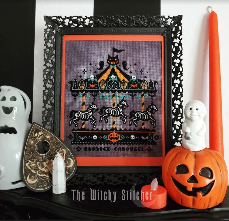 Vintage Haunted Carousel Cross Stitch Pattern Creepy, Beistle, Pumpkin, Bats, Ghosts, Primitive, Gothic, Retro, Spooky, Skeleton Horse image 3