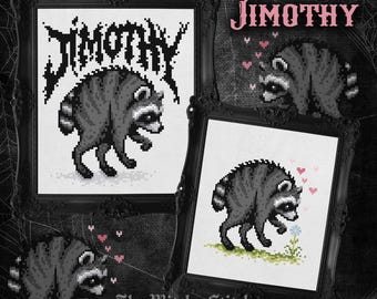 Jimothy ~ Cross Stitch Pattern - Raccoon, Seattle, Metal Font, Flowers, Icon