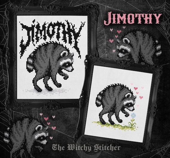Jimothy ~ Cross Stitch Pattern - Raccoon, Seattle, Metal Font, Flowers, Icon