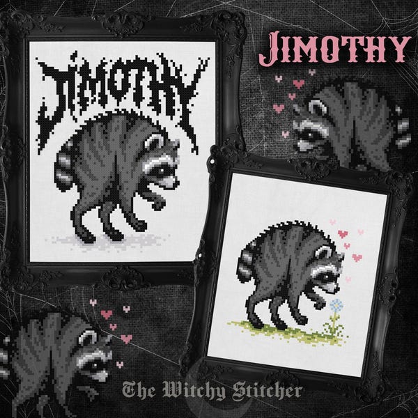 Jimothy ~ Kruissteekpatroon - Wasbeer, Seattle, Metaallettertype, Bloemen, Pictogram