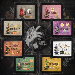 May include: Eight framed cross-stitch patterns arranged in a circle, each featuring a seasonal holiday name: Yule, Imbolc, Ostara, Beltane, Litha, Lammas, Mabon, and Samhain. Each piece includes a candle, thematic icons, and a central logo reading The Witchy Stitcher.