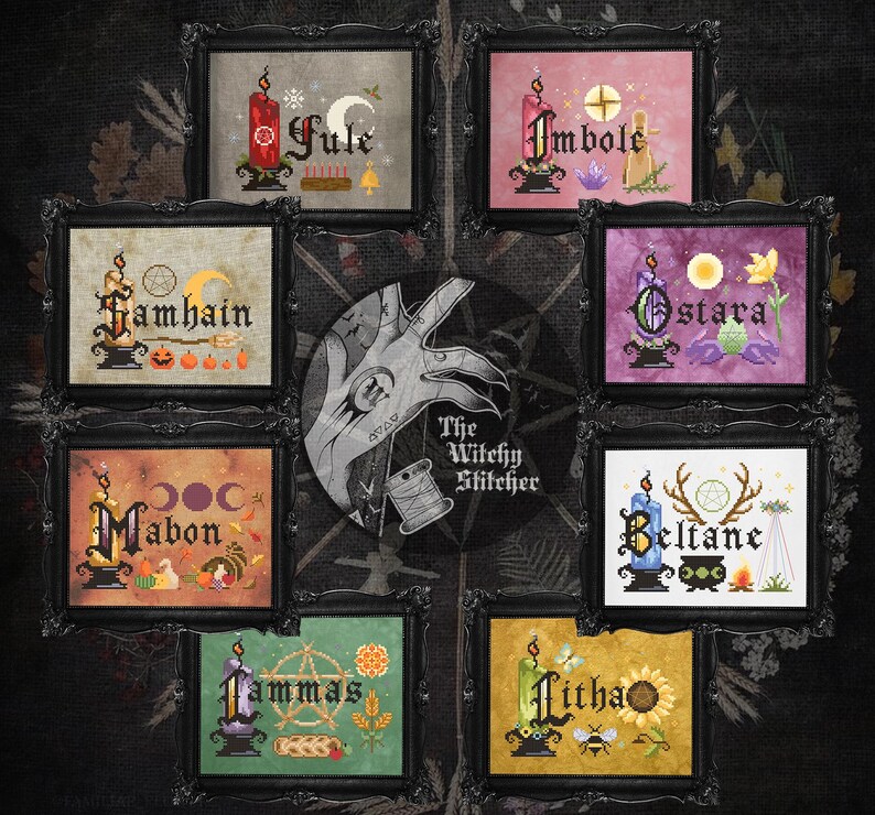 May include: Eight framed cross-stitch patterns arranged in a circle, each featuring a seasonal holiday name: Yule, Imbolc, Ostara, Beltane, Litha, Lammas, Mabon, and Samhain. Each piece includes a candle, thematic icons, and a central logo reading The Witchy Stitcher.