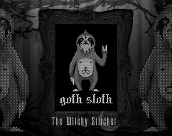 Goth Sloth ~ Cross Stitch Pattern - Gothic, Animal, Corpse Paint, Sigil, Funny, Cute, Goth Decor, Inverted Cross, Occult, Piercing, Tattoo