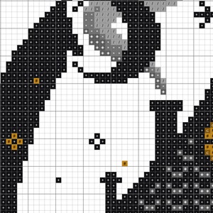 May include: Black and white cross stitch pattern with a black cat and a pumpkin. The cat is sitting on a black surface and the pumpkin is on a brown surface. The pattern is made up of small black and white squares.