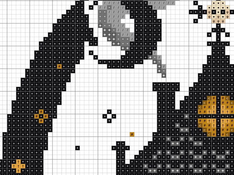 May include: Black and white cross stitch pattern with a black cat and a pumpkin. The cat is sitting on a black surface and the pumpkin is on a brown surface. The pattern is made up of small black and white squares.