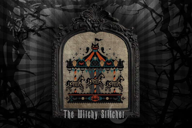 Vintage Haunted Carousel Cross Stitch Pattern Creepy, Beistle, Pumpkin, Bats, Ghosts, Primitive, Gothic, Retro, Spooky, Skeleton Horse image 4