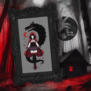 May include: A cross-stitch pattern featuring a red hooded figure with a wolf, set against a dark grey background. The pattern is framed in black and has the text "The Witchy Stitcher" in the top right corner.