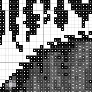May include: A black and white cross stitch pattern printed on a grid. The design features solid black blocks forming shapes and a grey shaded area filled with various symbols including triangles, equals signs, dots, and slashes for embroidery guidance.