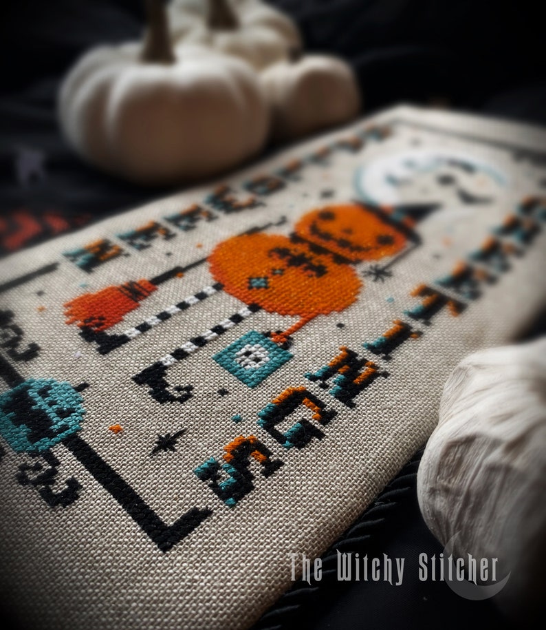 Vintage Pumpkin Witch Halloween Greetings Cross Stitch Pattern Beistle, Moon, Primitive, Gothic, Retro, Spooky, Cute, Etoile image 6