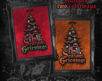 May include: Two framed cross-stitch patterns titled Season's Grieving, featuring a black tree decorated with skulls, pumpkins, and coffins. One pattern is on a red background, the other on orange. The text Includes two colorways is visible.