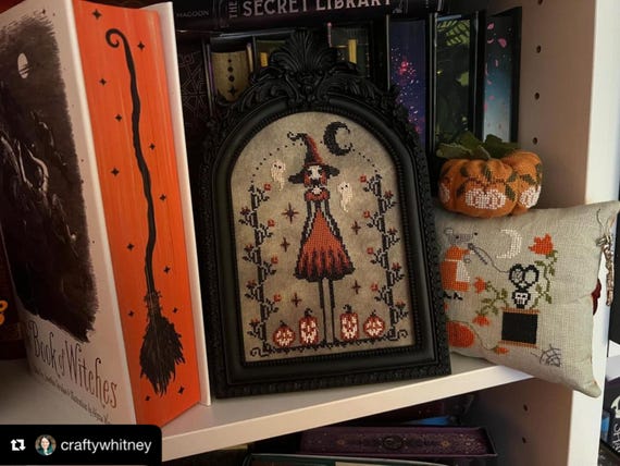 Samhain Garden Witch ~ Halloween Cross Stitch Pattern ~ Witch, Primitive, Moon, Antique, Vintage, Walpurgis Night