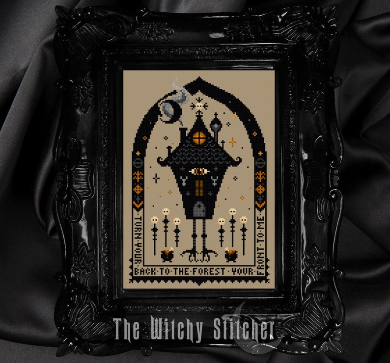 May include: A cross-stitch pattern featuring a black and white illustration of a spooky house with a crescent moon and stars. The text reads "Turn your back to the forest your front to me".