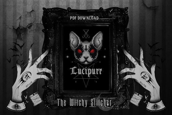 Lucipurr - Occult Cross Stitch Pattern - Gothic, Funny, Modern, Black Metal, Cat, Kitty, Kitten, Witch, Lucifer, Satan