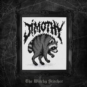 May include: A framed cross-stitch embroidery featuring a pixel art style raccoon in shades of gray and black. Above the raccoon, the text JIMOTHY is stitched in a jagged, black, metal-inspired font. The piece is enclosed in a black ornate frame.