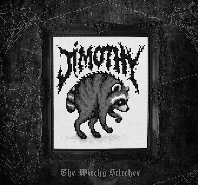 May include: A framed cross-stitch embroidery featuring a pixel art style raccoon in shades of gray and black. Above the raccoon, the text JIMOTHY is stitched in a jagged, black, metal-inspired font. The piece is enclosed in a black ornate frame.