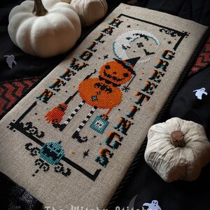 Vintage Pumpkin Witch Halloween Greetings Cross Stitch Pattern Beistle, Moon, Primitive, Gothic, Retro, Spooky, Cute, Etoile image 3