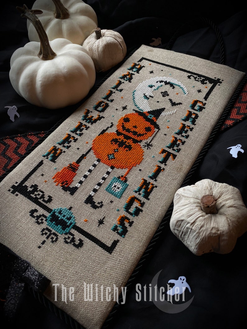 Vintage Pumpkin Witch Halloween Greetings Cross Stitch Pattern Beistle, Moon, Primitive, Gothic, Retro, Spooky, Cute, Etoile image 3