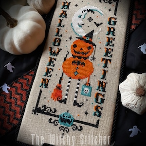 Vintage Pumpkin Witch Halloween Greetings Cross Stitch Pattern Beistle, Moon, Primitive, Gothic, Retro, Spooky, Cute, Etoile image 4