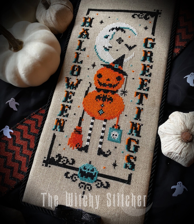 Vintage Pumpkin Witch Halloween Greetings Cross Stitch Pattern Beistle, Moon, Primitive, Gothic, Retro, Spooky, Cute, Etoile image 4