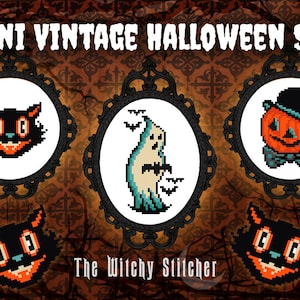 May include: A set of three vintage Halloween cross stitch patterns featuring a black cat, a ghost, and a pumpkin in a top hat. The patterns are framed in black and white oval frames with ornate details. The text "The Witchy Stitcher" is displayed below the frames.