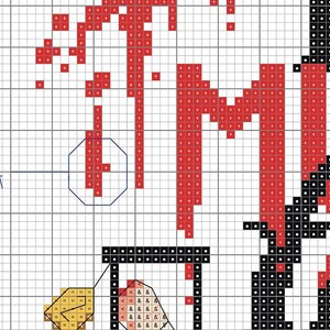 May include: Cross stitch pattern featuring a red, black, and white design with the word "FRIENDS" in red. The pattern is on a white grid background.