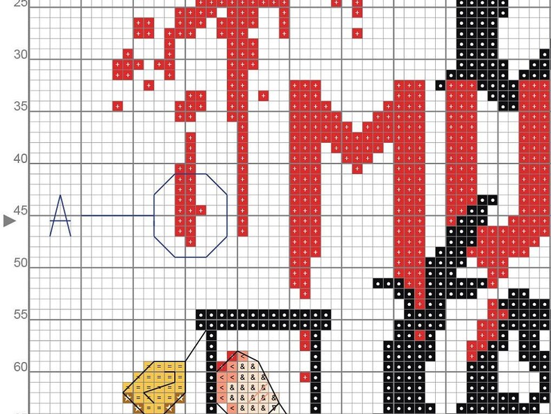 May include: Cross stitch pattern featuring a red, black, and white design with the word "FRIENDS" in red. The pattern is on a white grid background.