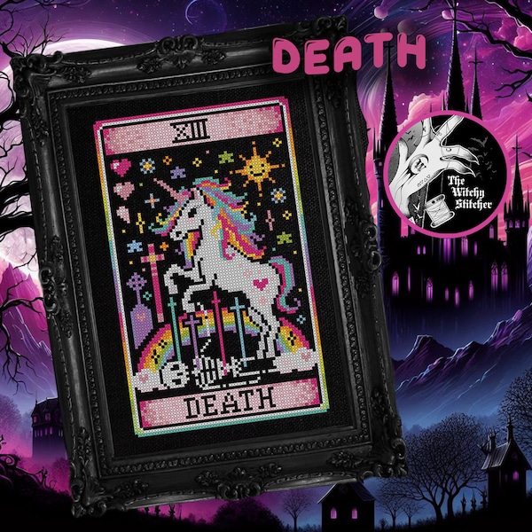 Death - Nostalgic Tarot - Cross Stitch Pattern - Retro, 90's, Vintage, Rainbow, Colourful, Weird, Nostalgia, Esoteric, Occult, Gothic