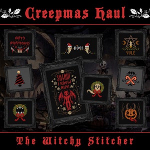 May include: A collection of eight cross-stitch patterns with a spooky Christmas theme. The patterns include a Christmas tree, a wreath, a ghost, a devil, a pumpkin, candy canes, and a pentagram. The patterns are all framed in black and have a dark background.