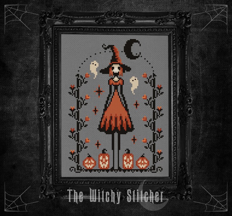 May include: Cross-stitch art of a witch in an orange dress and hat, with ghosts, pumpkins, and a crescent moon. The artwork is framed in a black ornate frame, with the text "The Witchy Stitcher" at the bottom.