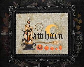 Samhain ~ Cross Stitch Pattern - Modern, Witchy, Gothic, Halloween, Pagan, Blessings, Pentacle, All Hallows Eve, Sabbat, Wheel Of The Year