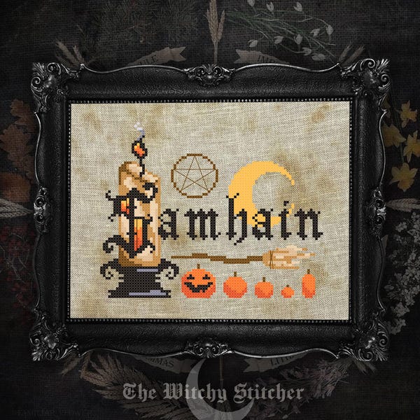 Samhain ~ Kreuzstichmuster - Modern, Witchy, Gothic, Halloween, Pagan, Segen, Pentakel, Allerheiligen, Sabbat, Rad des Jahres