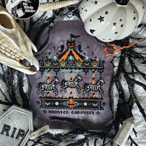 Vintage Haunted Carousel - Cross Stitch Pattern - Creepy, Beistle, Pumpkin, Bats, Ghosts, Primitive, Gothic, Retro, Spooky, Skeleton Horse