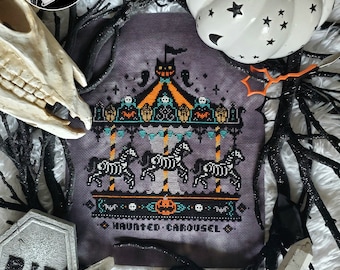 Vintage Haunted Carousel - Cross Stitch Pattern - Creepy, Beistle, Pumpkin, Bats, Ghosts, Primitive, Gothic, Retro, Spooky, Skeleton Horse