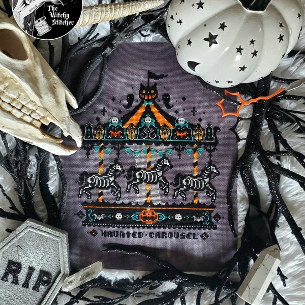 Vintage Haunted Carousel - Cross Stitch Pattern - Creepy, Beistle, Pumpkin, Bats, Ghosts, Primitive, Gothic, Retro, Spooky, Skeleton Horse