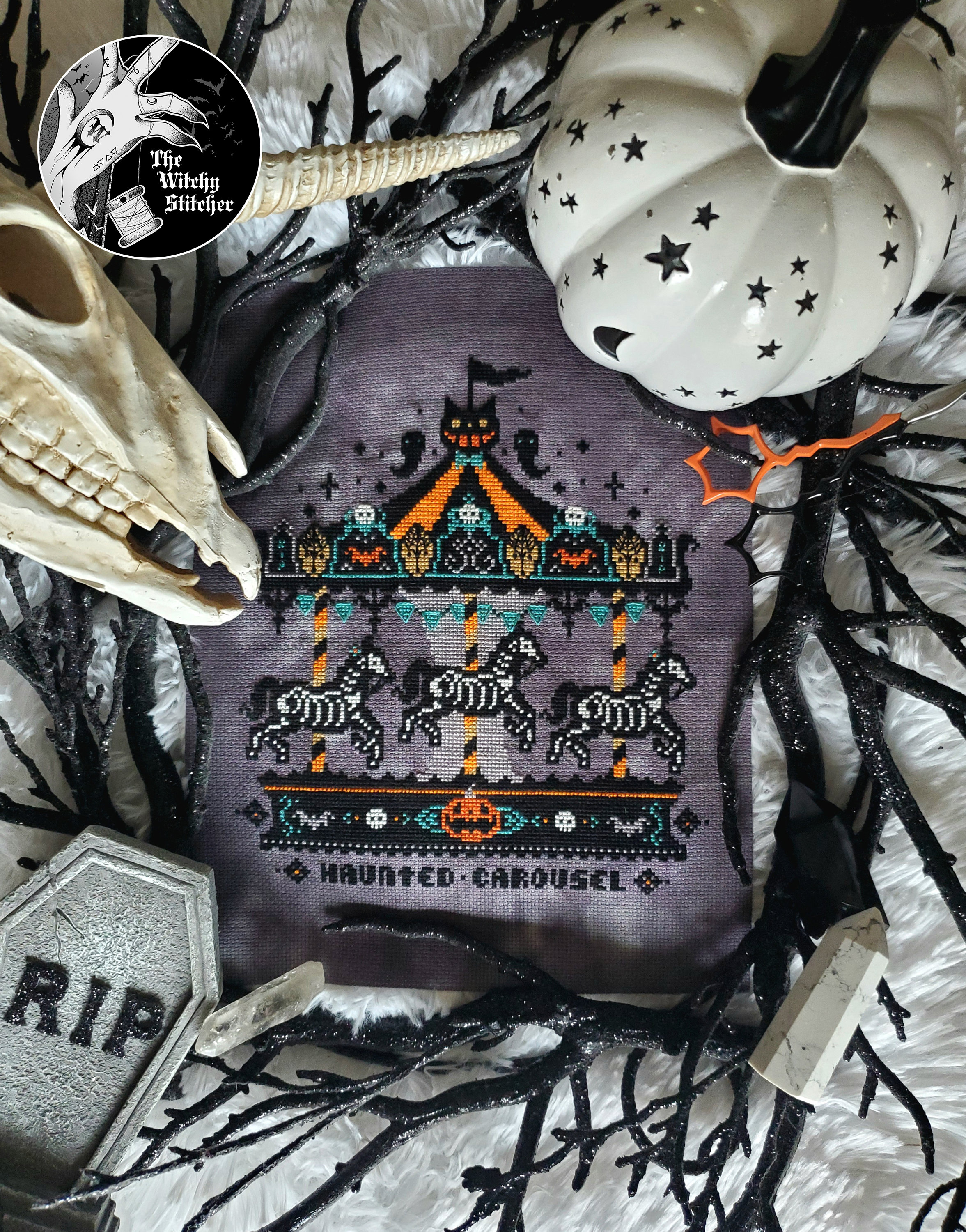 Vintage Haunted Carousel - Cross Stitch Pattern - Creepy, Beistle, Pumpkin, Bats, Ghosts, Primitive, Gothic, Retro, Spooky, Skeleton Horse