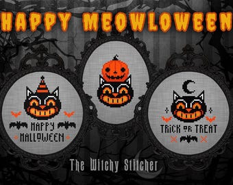 Happy Meowloween Set - Vintage Halloween - Cross Stitch Pattern - Cat, Beistle, Pumpkin, Primitive, Gothic, Retro, Spooky, Ornament, Trick
