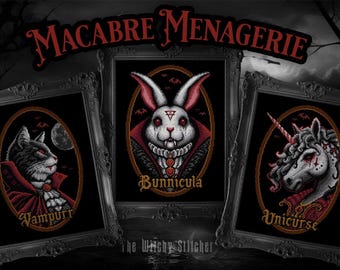 Macabre Menagerie - Cross Stitch Pattern Set - Vampurr, Bunnicula & Unicurse - Cat, Bunny and Unicorn