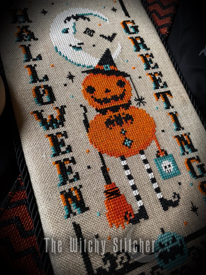 Vintage Pumpkin Witch Halloween Greetings Cross Stitch Pattern Beistle, Moon, Primitive, Gothic, Retro, Spooky, Cute, Etoile image 1